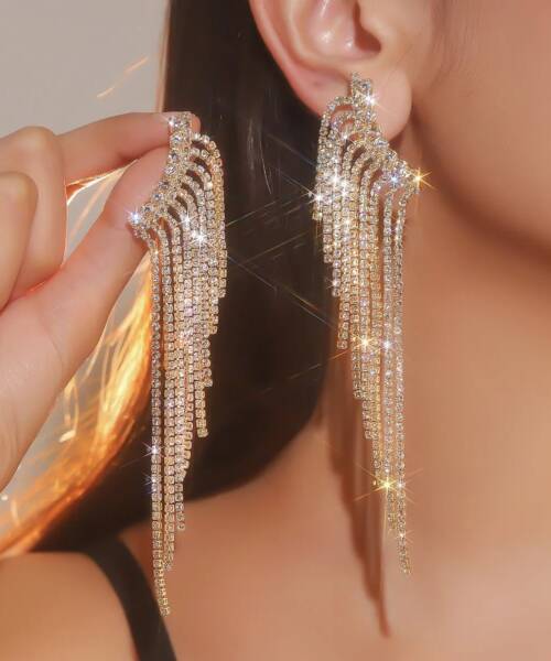 Wing-shapedrhinestone tassel earrings: Exaggerated design Women Jewelry Wholesale Accessory